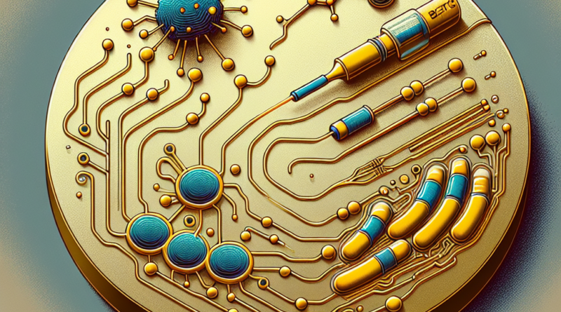 An abstract art depiction of an electrochemical biosensor detecting E. coli bacteria with visualized electrical signals on a gold electrode surface