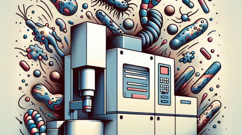 Illustration of a high-resolution mass spectrometer targeting specific bacteria for antibiotic resistance detection, with a focus on precision and specificity in a minimal color palette