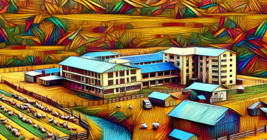 An artistic representation of a rural Ghanaian landscape showing a hospital and poultry farms with abstract symbols indicating the flow of antibiotic-resistant bacteria between them