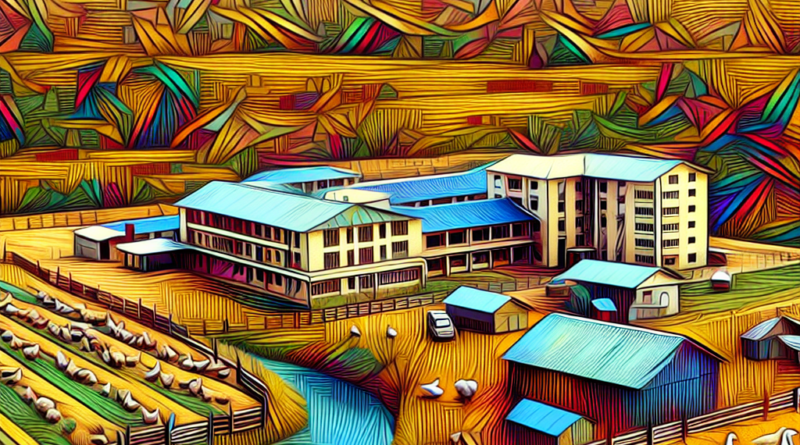 An artistic representation of a rural Ghanaian landscape showing a hospital and poultry farms with abstract symbols indicating the flow of antibiotic-resistant bacteria between them