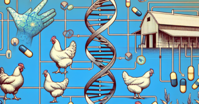 An abstract art representation of a poultry farm interconnected with DNA strands and antibiotic pills, symbolizing AMR spread in the industry