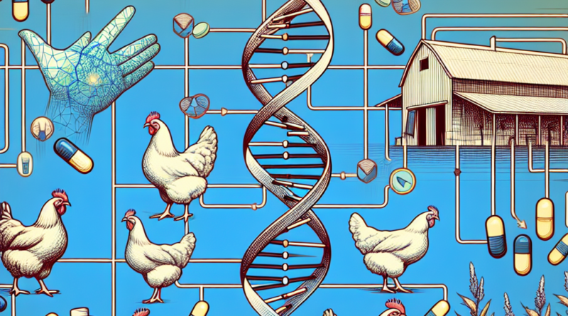 An abstract art representation of a poultry farm interconnected with DNA strands and antibiotic pills, symbolizing AMR spread in the industry