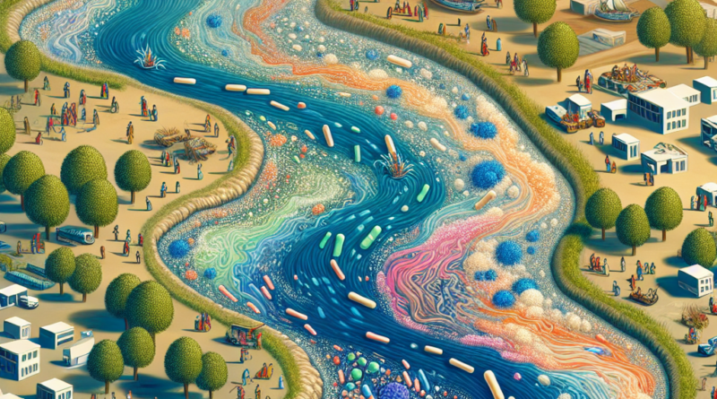 Illustration of the Kshipra river with E. coli and antibiotic molecules, reflecting human impact on water quality and the emergence of resistance