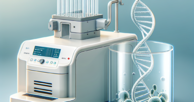 A stylized PCR machine processing DNA samples to identify Escherichia coli K-12 strains in a laboratory setting