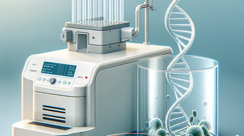 A stylized PCR machine processing DNA samples to identify Escherichia coli K-12 strains in a laboratory setting