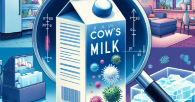 Illustration of raw cow's milk carton with E. coli and Listeria bacteria under a magnifying glass, representing a study on pathogen growth under different consumer handling conditions.