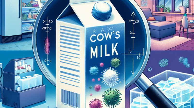 Illustration of raw cow's milk carton with E. coli and Listeria bacteria under a magnifying glass, representing a study on pathogen growth under different consumer handling conditions.