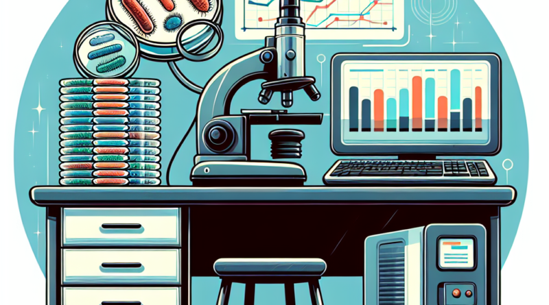 Illustration of a laboratory setting with equipment used for pathogen detection and graphs showing trends in foodborne disease surveillance