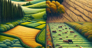 A digital art representation of contrasting agricultural landscapes, one with wildlife barriers and the other with a rich ecosystem, highlighting the socioecological impact of food safety practices in California's Central Coast region