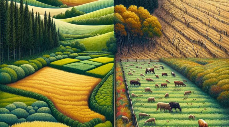 A digital art representation of contrasting agricultural landscapes, one with wildlife barriers and the other with a rich ecosystem, highlighting the socioecological impact of food safety practices in California's Central Coast region