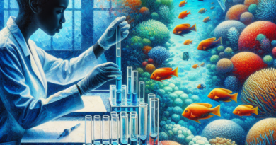 An abstract representation of a scientist conducting water quality tests against a subtropical marine backdrop, highlighting the Colilert-18 system's use in E. coli detection