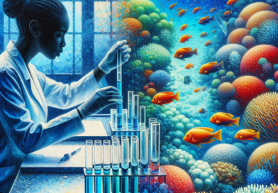 An abstract representation of a scientist conducting water quality tests against a subtropical marine backdrop, highlighting the Colilert-18 system's use in E. coli detection