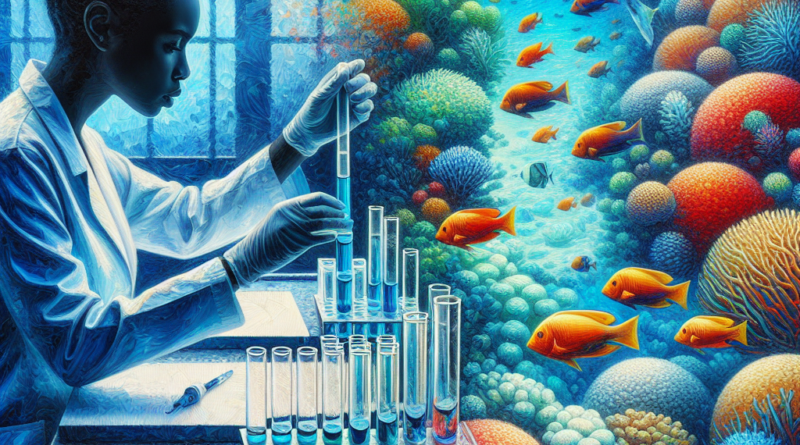 An abstract representation of a scientist conducting water quality tests against a subtropical marine backdrop, highlighting the Colilert-18 system's use in E. coli detection