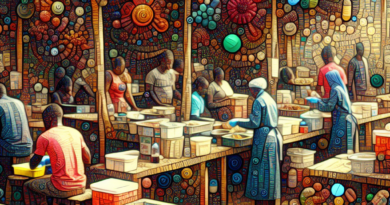 Abstract art of a Ghanaian street food market highlighting vendors' hands with bacterial and antibiotic imagery intertwined