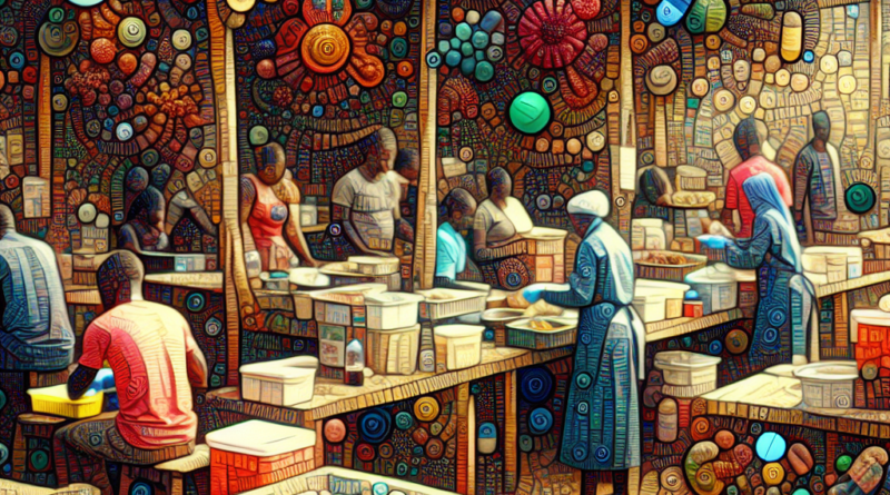 Abstract art of a Ghanaian street food market highlighting vendors' hands with bacterial and antibiotic imagery intertwined