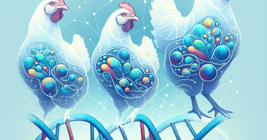 Abstract art of chickens interlaced with DNA strands highlighting virulence genes and antibiotic resistance in a blue and green color scheme