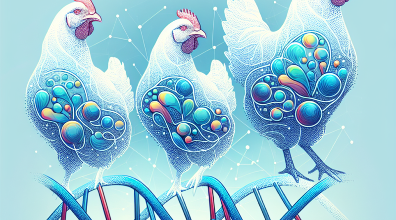 Abstract art of chickens interlaced with DNA strands highlighting virulence genes and antibiotic resistance in a blue and green color scheme