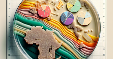 A petri dish with multicolored E. coli cultures representing antimicrobial resistance, set against a stylized map of Tanzania in the background