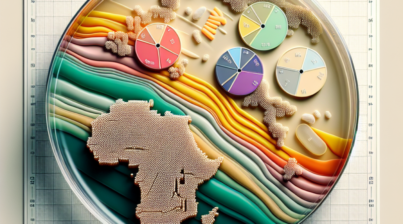 A petri dish with multicolored E. coli cultures representing antimicrobial resistance, set against a stylized map of Tanzania in the background