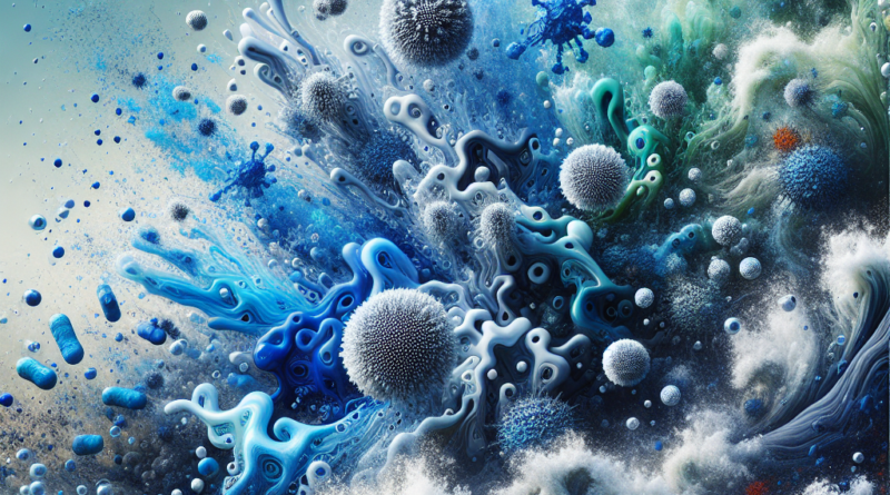 Abstract art representing the connection between extreme weather events and waterborne diseases, with water droplets and pathogen symbols in a turbulent flood scene