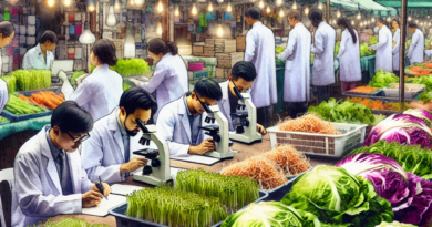 A vibrant watercolor painting of a market with fresh vegetables and scientists conducting research on produce samples