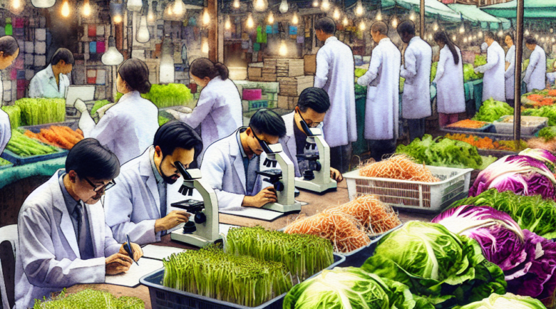 A vibrant watercolor painting of a market with fresh vegetables and scientists conducting research on produce samples