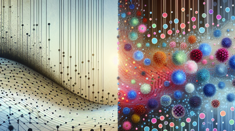 Abstract art of two contrasting panels with varying dot densities representing traditional versus advanced pathogen detection methods in gastrointestinal illness