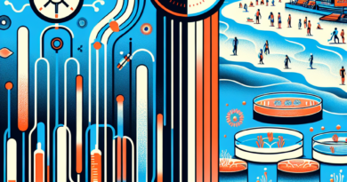 Abstract art contrasting qPCR with precise lines and a digital clock against culture testing with petri dishes and an analog clock, set against a stylized beach background with swimmers and a caution sign, representing the impact on public health notifications