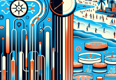 Abstract art contrasting qPCR with precise lines and a digital clock against culture testing with petri dishes and an analog clock, set against a stylized beach background with swimmers and a caution sign, representing the impact on public health notifications