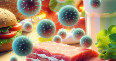 A semi-realistic illustration of bacteriophages targeting Shigella bacteria on various foods, highlighting the phage therapy concept in food safety