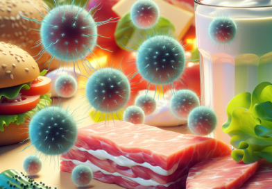 A semi-realistic illustration of bacteriophages targeting Shigella bacteria on various foods, highlighting the phage therapy concept in food safety