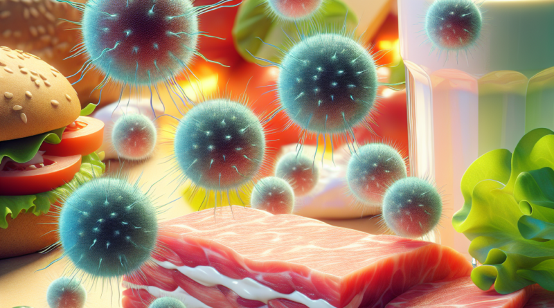 A semi-realistic illustration of bacteriophages targeting Shigella bacteria on various foods, highlighting the phage therapy concept in food safety