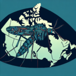 An abstract digital mosquito on a map of Canada highlighting virus outbreaks in blue and green tones