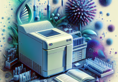 Digital illustration of a PCR machine with abstract airborne particles representing bioaerosol monitoring in a lab environment