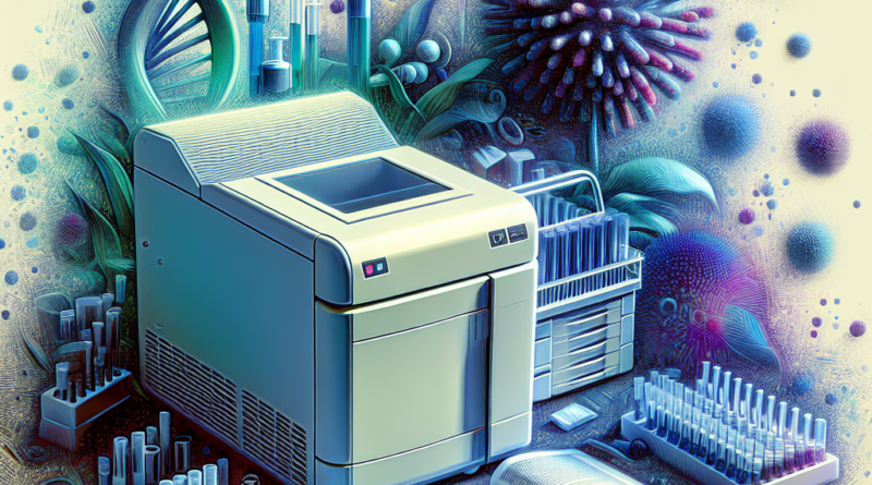 Digital illustration of a PCR machine with abstract airborne particles representing bioaerosol monitoring in a lab environment