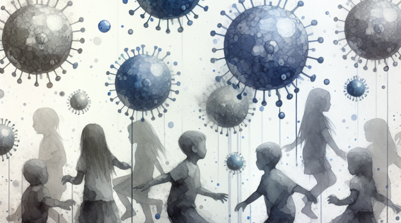 Abstract watercolor painting of children at play with representations of viruses indicating HFMD transmission in the Asia Pacific region