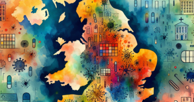 Abstract watercolor and cubist map of England highlighting rural and urban disparities in Shiga toxin-producing E. coli infections and hospitalizations