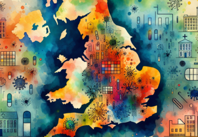 Abstract watercolor and cubist map of England highlighting rural and urban disparities in Shiga toxin-producing E. coli infections and hospitalizations