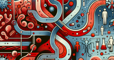 Abstract representation of various transmission pathways of Shiga toxin-producing E. coli with a limited color palette emphasizing the clinical and dangerous aspects of the bacteria's spread