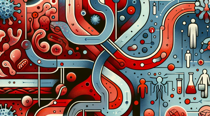 Abstract representation of various transmission pathways of Shiga toxin-producing E. coli with a limited color palette emphasizing the clinical and dangerous aspects of the bacteria's spread