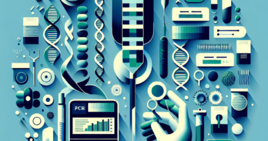 Abstract art of a PCR assay for E. coli detection in the meat industry, with blue and green tones symbolizing scientific processes and bacterial elements