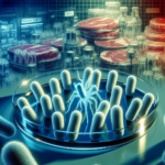 A petri dish with E. coli colonies and a highlighted Shiga toxin-producing strain against an abstract meat section background in a grocery store