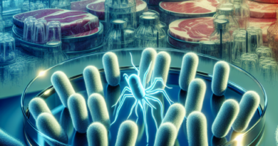 A petri dish with E. coli colonies and a highlighted Shiga toxin-producing strain against an abstract meat section background in a grocery store