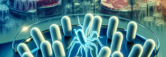 A petri dish with E. coli colonies and a highlighted Shiga toxin-producing strain against an abstract meat section background in a grocery store