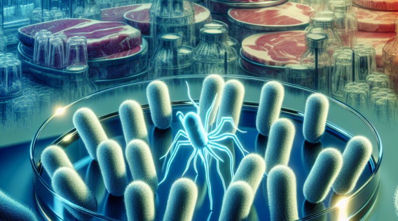 A petri dish with E. coli colonies and a highlighted Shiga toxin-producing strain against an abstract meat section background in a grocery store