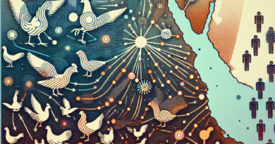 Abstract map of Egypt showing the interaction and spread of H5N1 avian influenza among poultry and the risk to humans, with a muted color palette to reflect the gravity of the situation