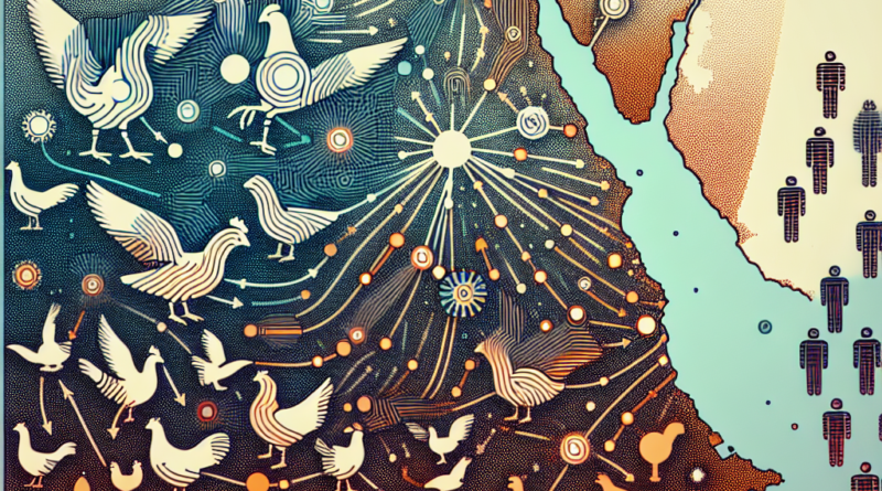 Abstract map of Egypt showing the interaction and spread of H5N1 avian influenza among poultry and the risk to humans, with a muted color palette to reflect the gravity of the situation