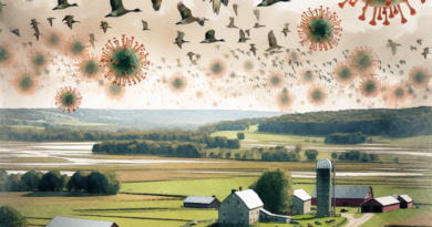 Watercolor painting of migratory birds over a farm, symbolizing the spread of avian influenza H5N2 with muted color tones