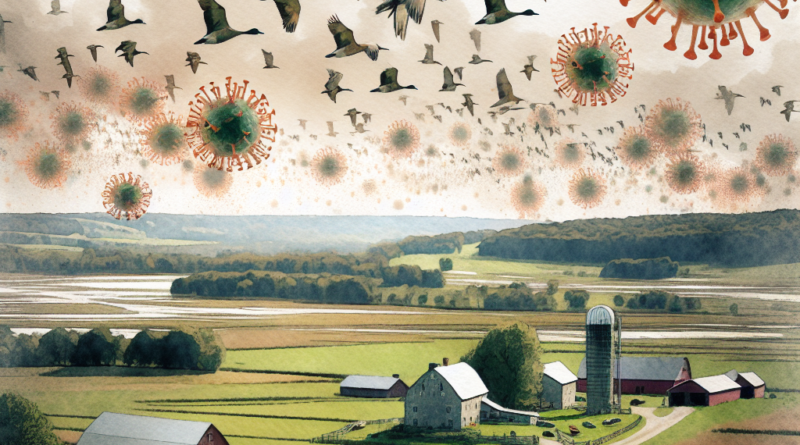 Watercolor painting of migratory birds over a farm, symbolizing the spread of avian influenza H5N2 with muted color tones